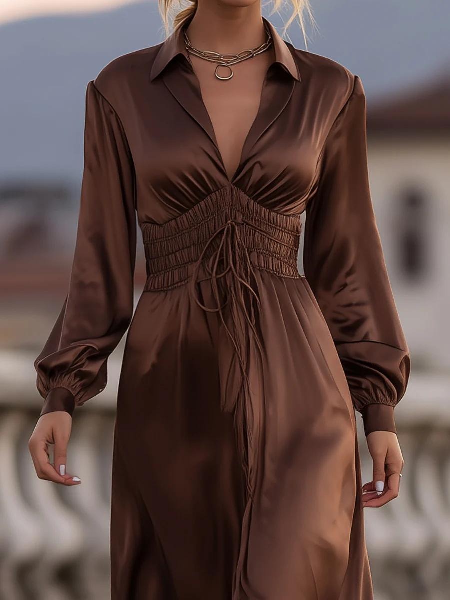 Coffee Long Sleeve Plain Maxi Dress - WOOLX