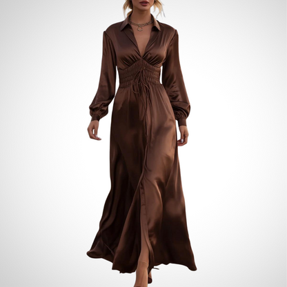 Coffee Long Sleeve Plain Maxi Dress - WOOLX