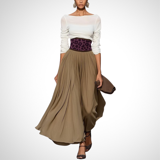 Boat Neck Top & Leopard Print Belted Pleated Maxi Skirt Set - WOOLX