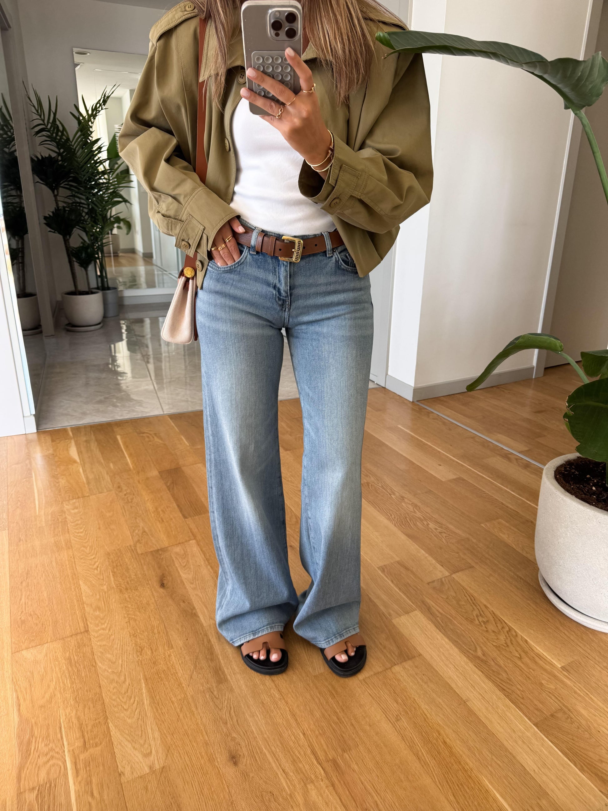 Olive Green Cotton Twill Utility Jacket & Light Blue Flared Denim Jeans Set - WOOLX