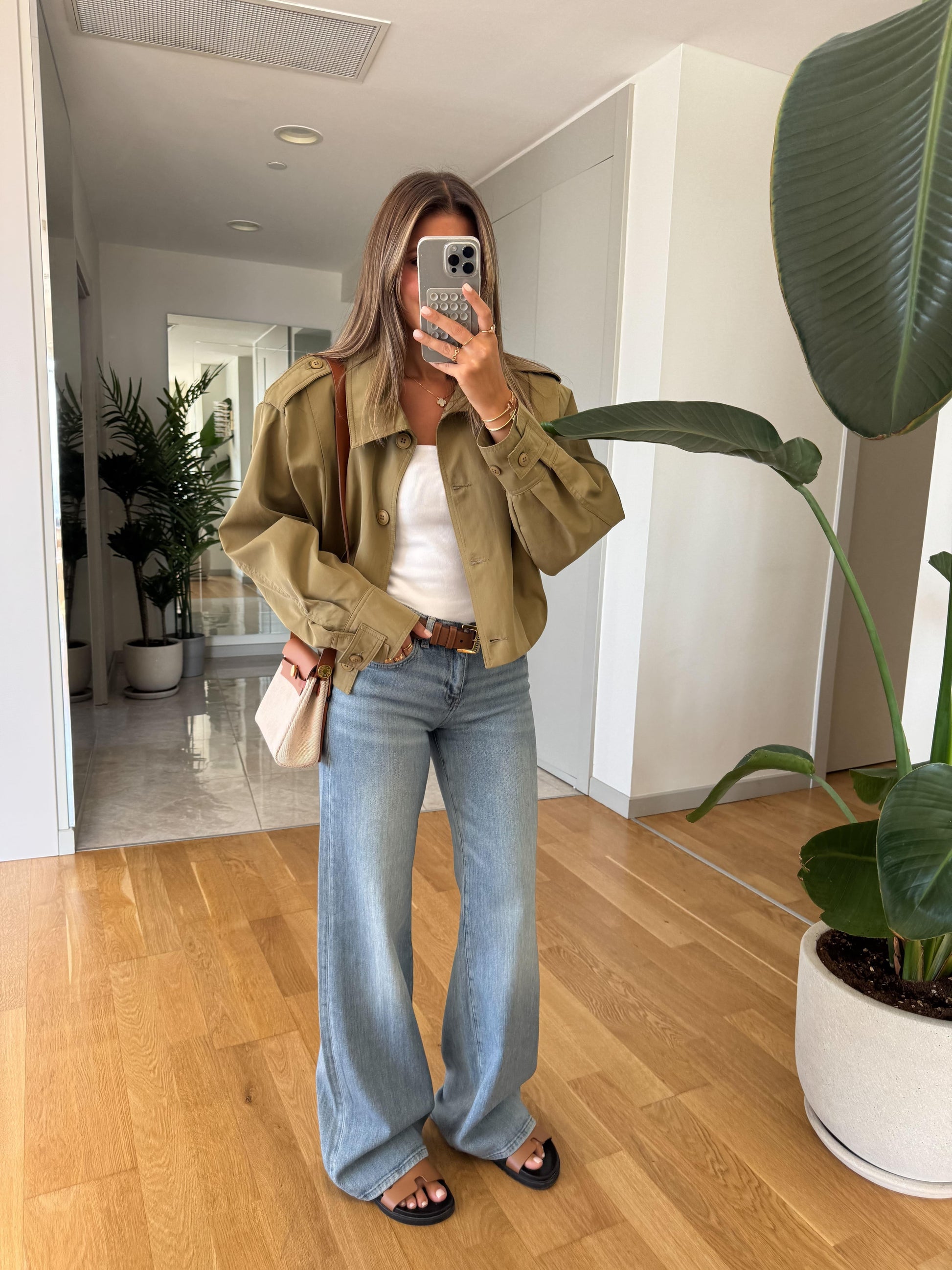 Olive Green Cotton Twill Utility Jacket & Light Blue Flared Denim Jeans Set - WOOLX