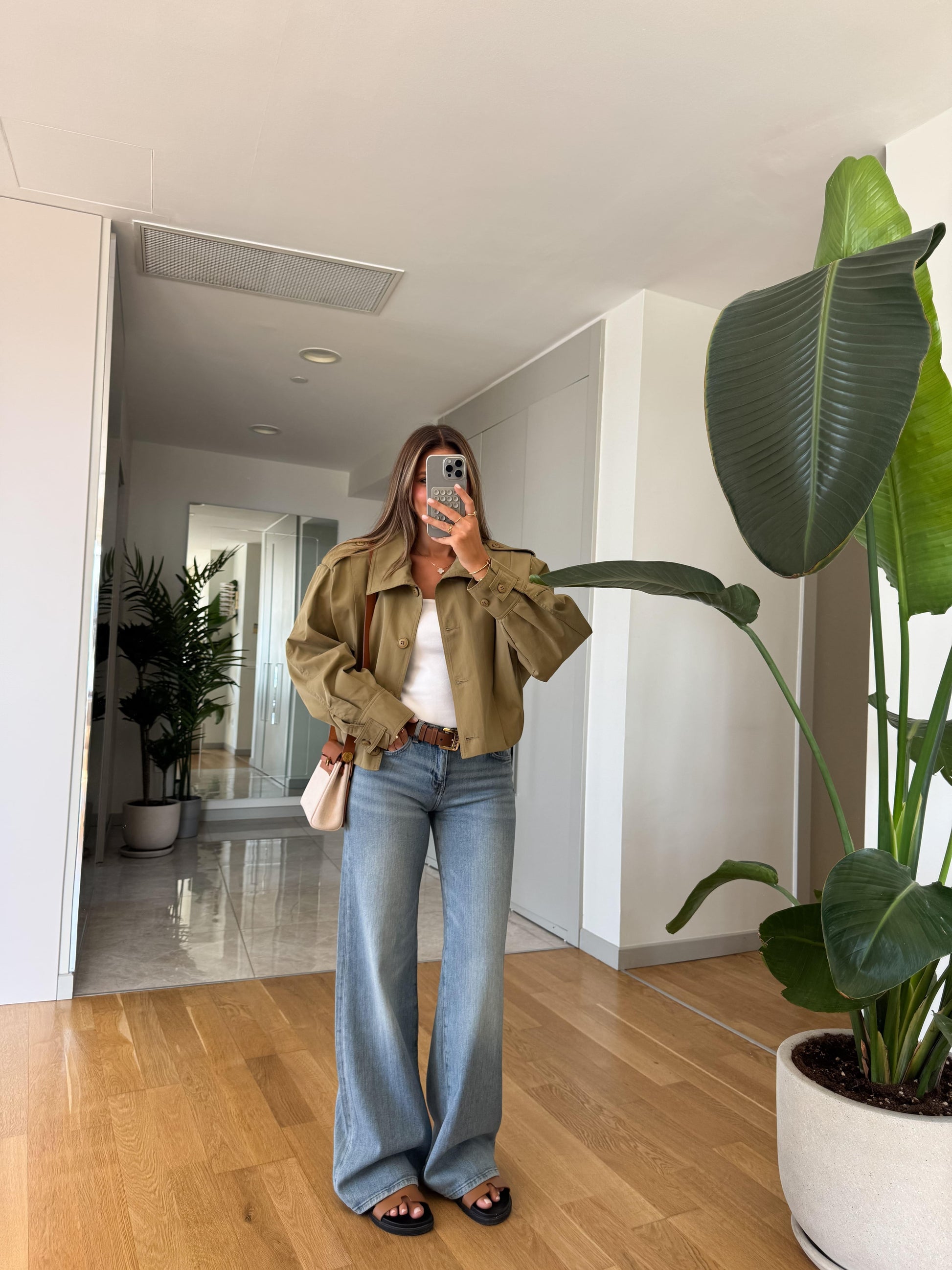 Olive Green Cotton Twill Utility Jacket & Light Blue Flared Denim Jeans Set - WOOLX