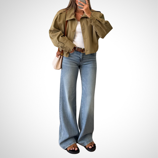 Olive Green Cotton Twill Utility Jacket & Light Blue Flared Denim Jeans Set - WOOLX