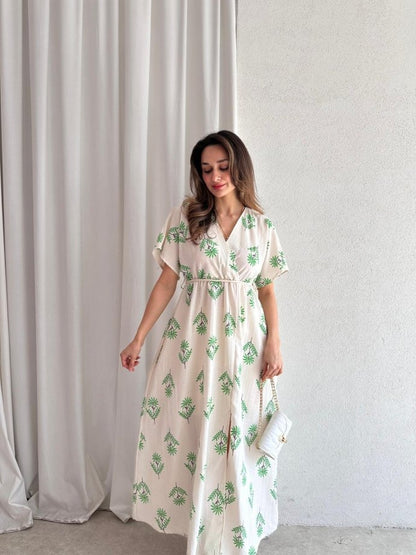 White V - Neck Green Palm Print Midi Dress With Side Slit - WOOLX