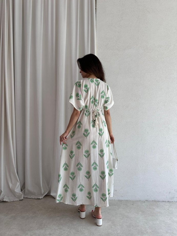 White V - Neck Green Palm Print Midi Dress With Side Slit - WOOLX
