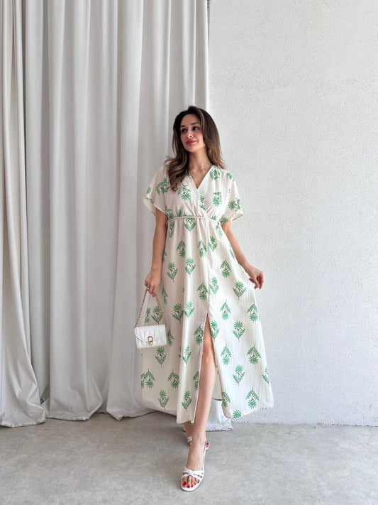 White V - Neck Green Palm Print Midi Dress With Side Slit - WOOLX