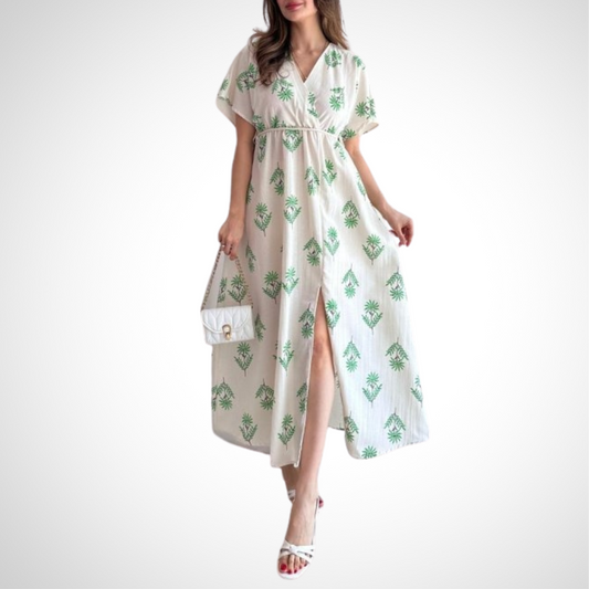 White V - Neck Green Palm Print Midi Dress With Side Slit - WOOLX