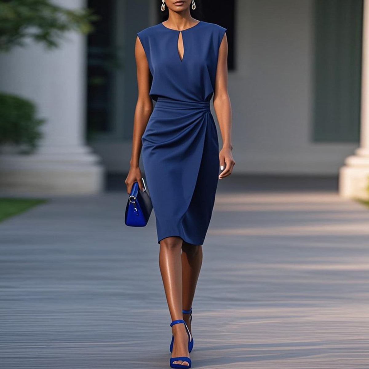 Navy Blue Sleeveless Keyhole Neck Ruched Sheath Dress - WOOLX
