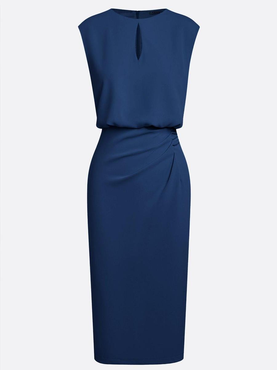 Navy Blue Sleeveless Keyhole Neck Ruched Sheath Dress - WOOLX