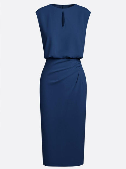 Navy Blue Sleeveless Keyhole Neck Ruched Sheath Dress - WOOLX