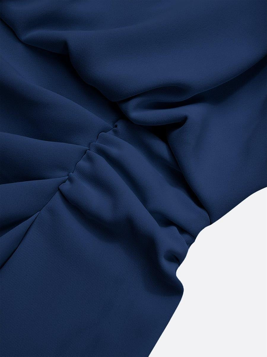 Navy Blue Sleeveless Keyhole Neck Ruched Sheath Dress - WOOLX