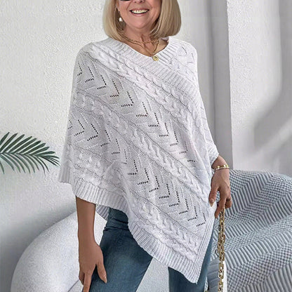 White V Neck Cable Knit Poncho Sweater - WOOLX