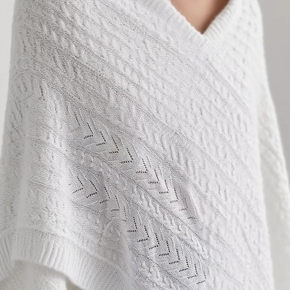 White V Neck Cable Knit Poncho Sweater - WOOLX