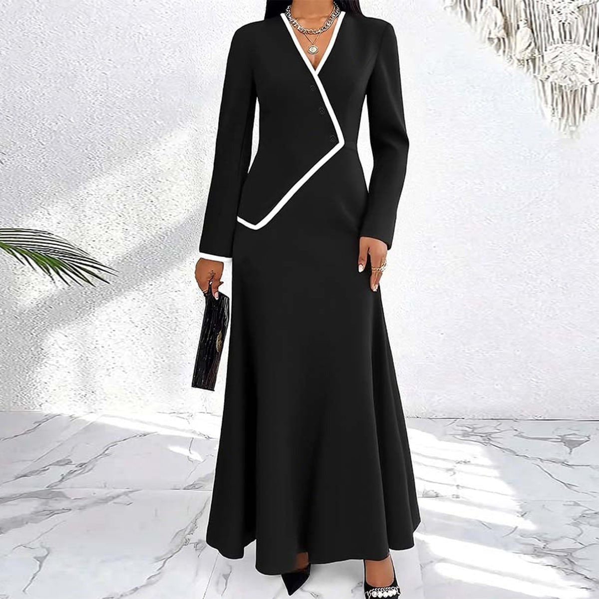 Black Long Sleeve Wrap Style Maxi Dress With White Trim - WOOLX