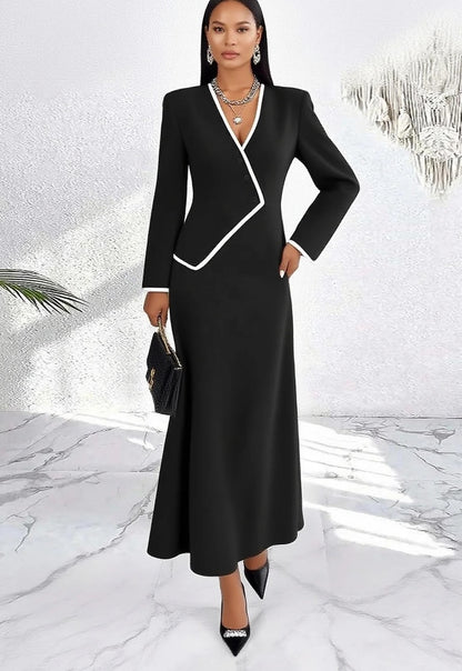 Black Long Sleeve Wrap Style Maxi Dress With White Trim - WOOLX