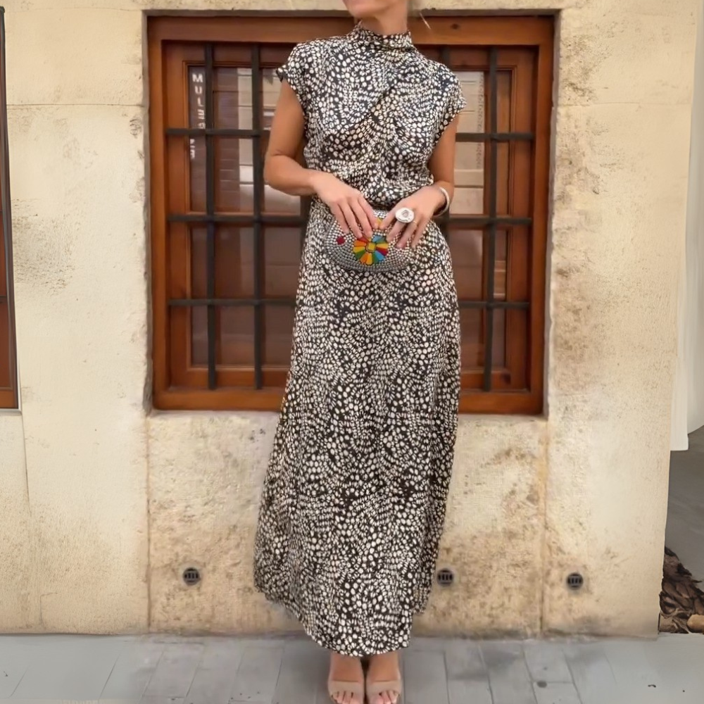 Brown And White Dotted Mock Neck Sleeveless Maxi Dress - WOOLX