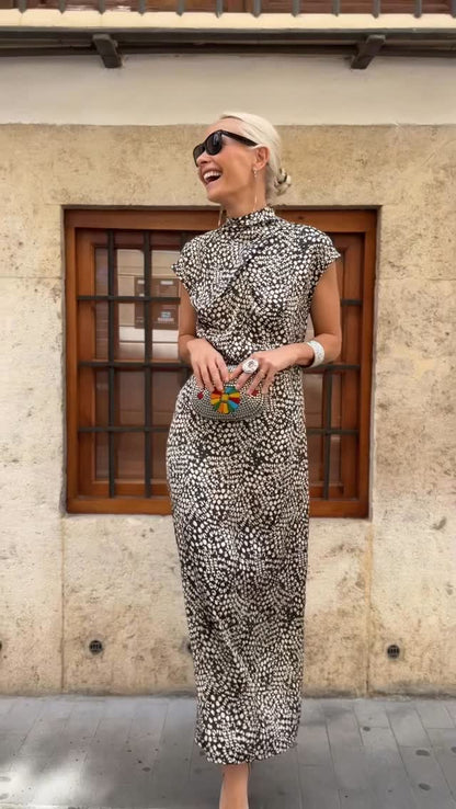 Brown And White Dotted Mock Neck Sleeveless Maxi Dress - WOOLX