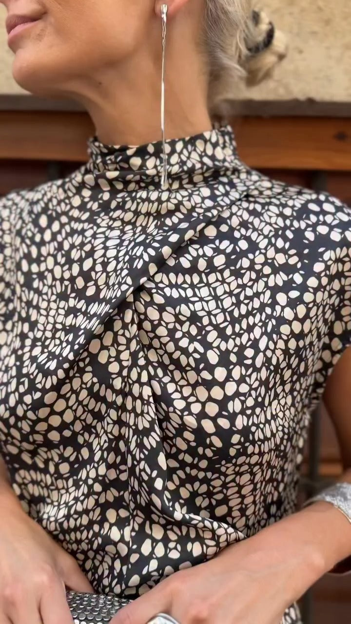 Brown And White Dotted Mock Neck Sleeveless Maxi Dress - WOOLX