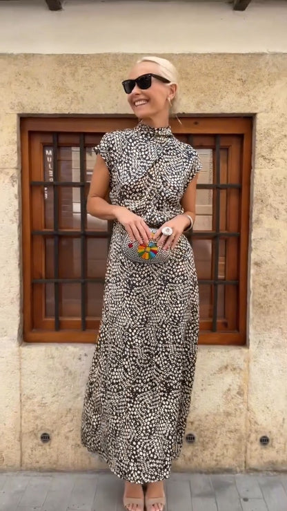 Brown And White Dotted Mock Neck Sleeveless Maxi Dress - WOOLX