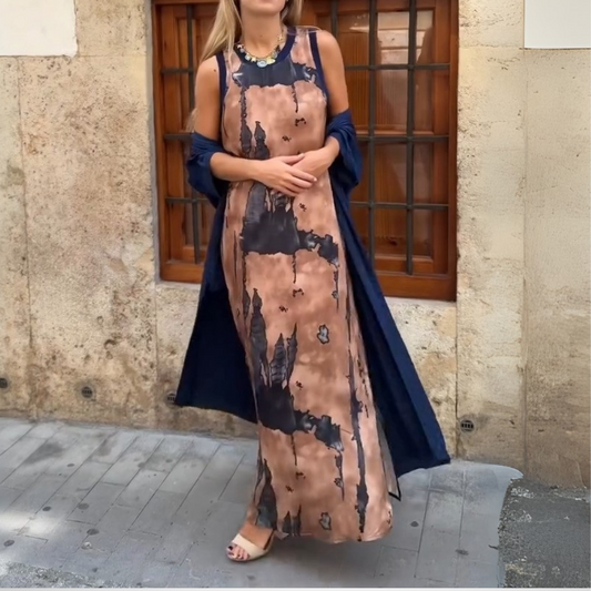 Sleeveless Abstract Print Maxi Dress With Navy Blue Duster - WOOLX