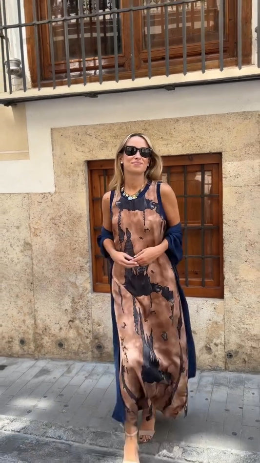 Sleeveless Abstract Print Maxi Dress With Navy Blue Duster - WOOLX