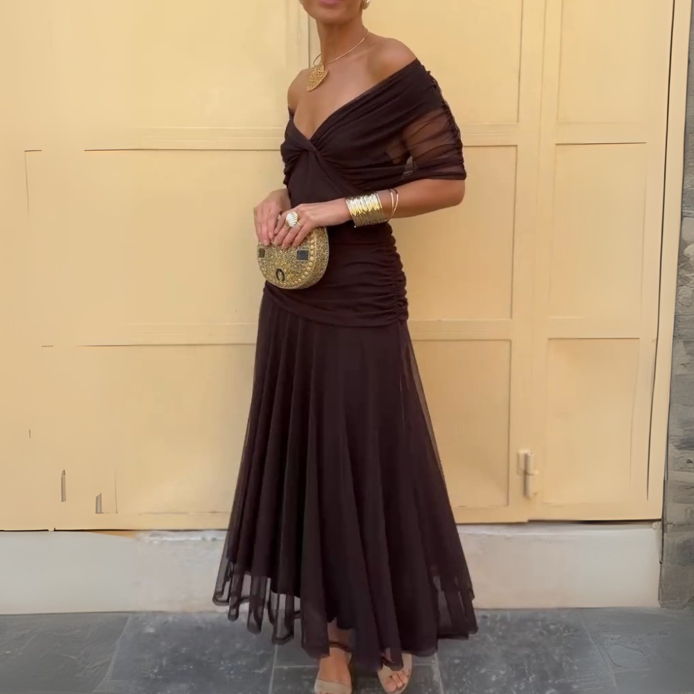 Dark Brown Off The Shoulder Ruched Chiffon Maxi Dress - WOOLX
