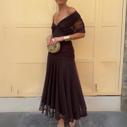 Dark Brown Off The Shoulder Ruched Chiffon Maxi Dress - WOOLX