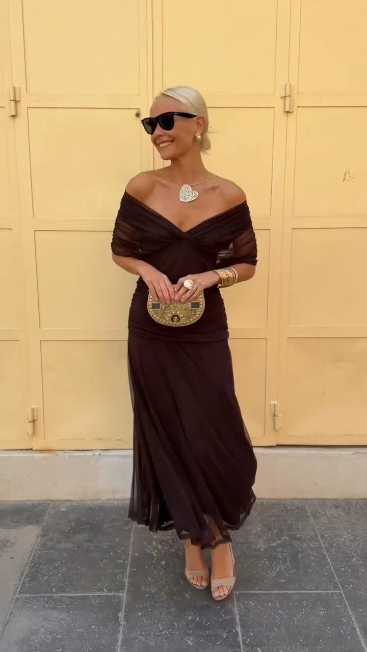 Dark Brown Off The Shoulder Ruched Chiffon Maxi Dress - WOOLX