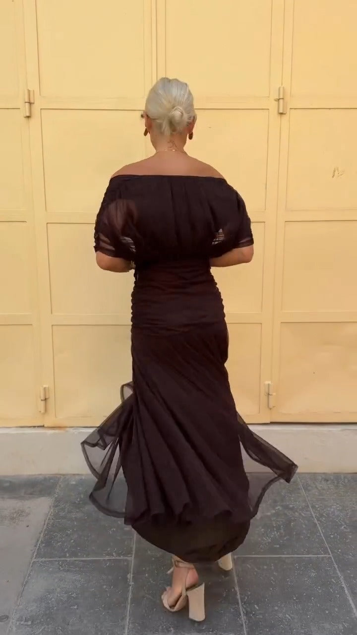 Dark Brown Off The Shoulder Ruched Chiffon Maxi Dress - WOOLX