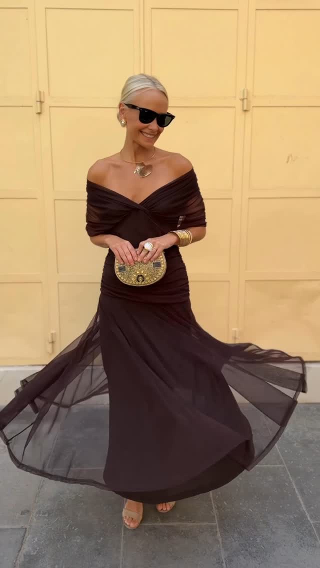 Dark Brown Off The Shoulder Ruched Chiffon Maxi Dress - WOOLX