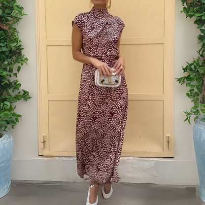 Brown And White Dotted Mock Neck Sleeveless Maxi Dress - WOOLX