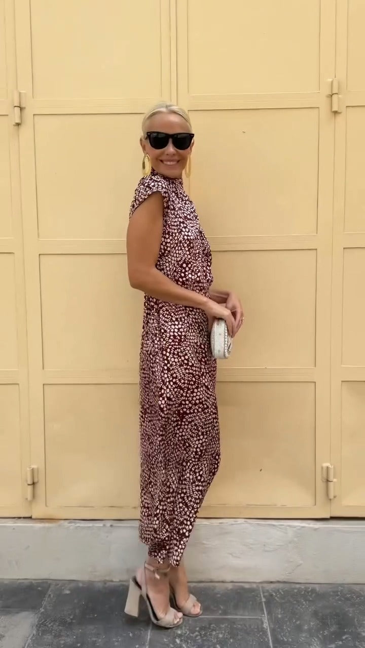 Brown And White Dotted Mock Neck Sleeveless Maxi Dress - WOOLX