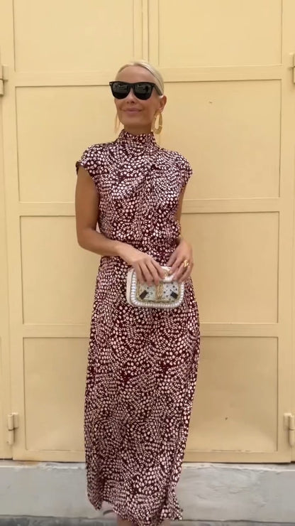 Brown And White Dotted Mock Neck Sleeveless Maxi Dress - WOOLX