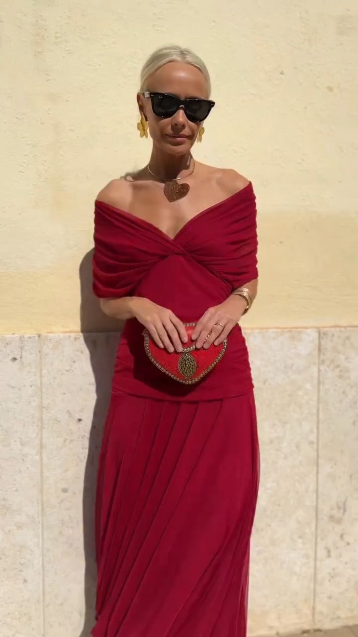 Burgundy Off Shoulder Chiffon Maxi Dress - WOOLX