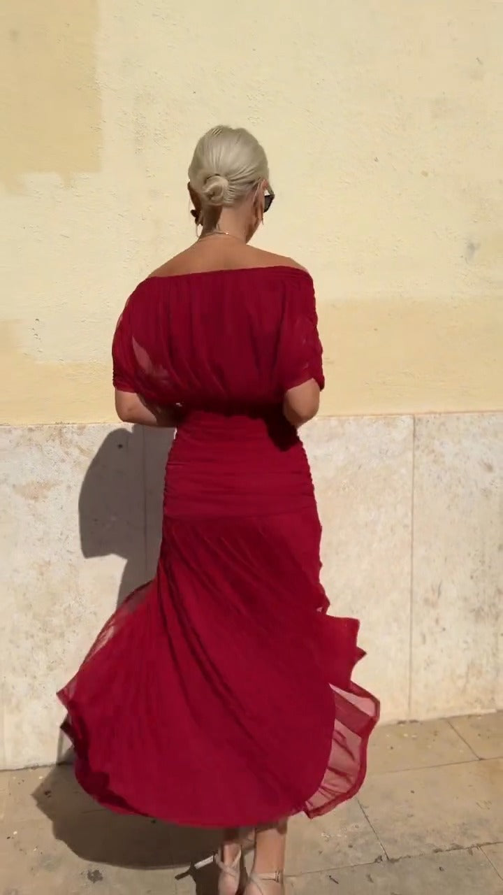 Burgundy Off Shoulder Chiffon Maxi Dress - WOOLX