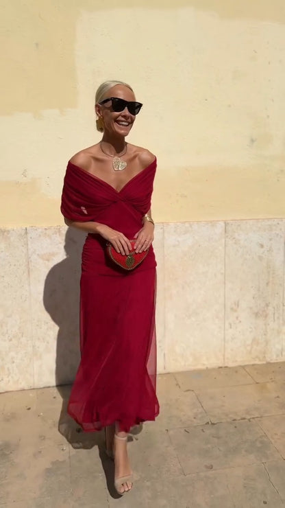 Burgundy Off Shoulder Chiffon Maxi Dress - WOOLX