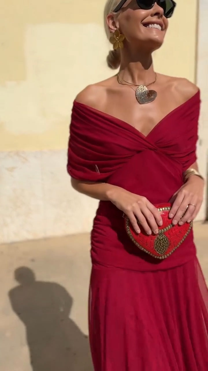 Burgundy Off Shoulder Chiffon Maxi Dress - WOOLX