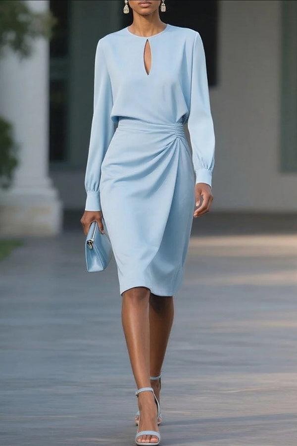 Blue Long Sleeve Solid Color Mid-length Dress - WOOLX