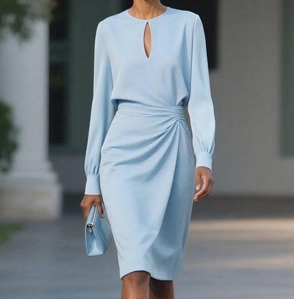 Blue Long Sleeve Solid Color Mid-length Dress - WOOLX