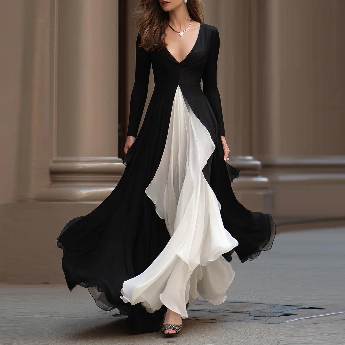 Special Color Block Long Sleeve Maxi Dress - WOOLX