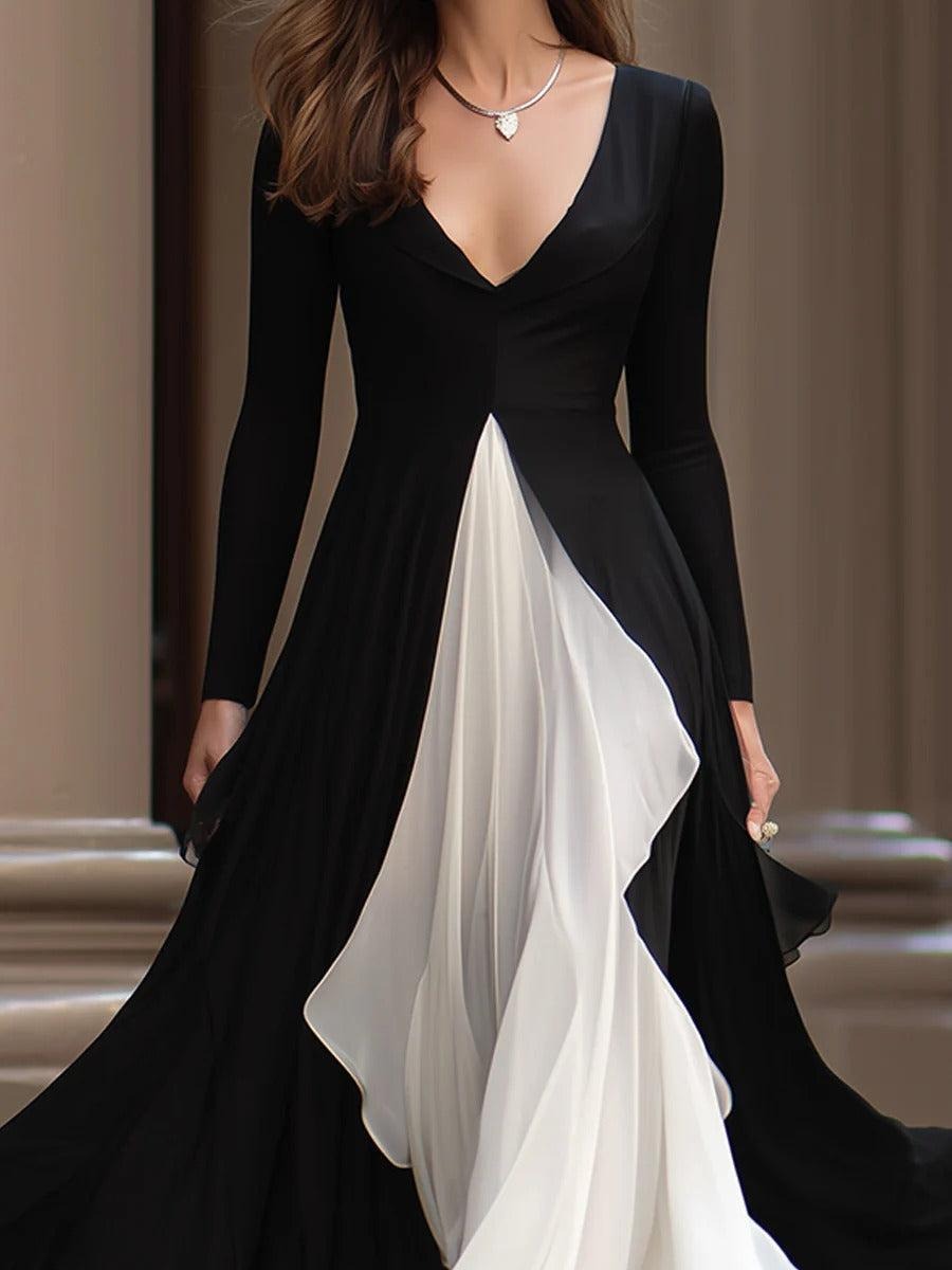 Special Color Block Long Sleeve Maxi Dress - WOOLX