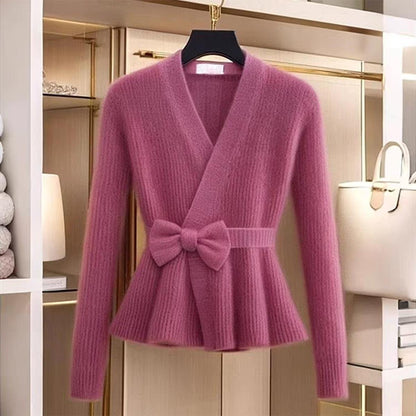 Groovy V-Neck Long Sleeve Rose Red Sweater - WOOLX