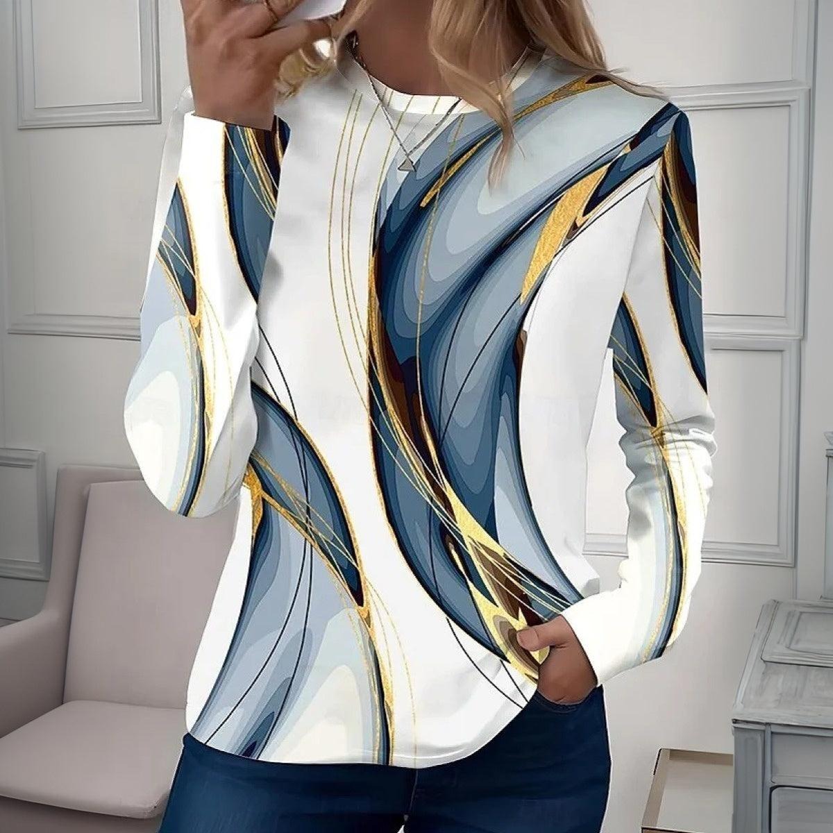 Stunning Geometric Print Round Neck Long Sleeve Top - WOOLX
