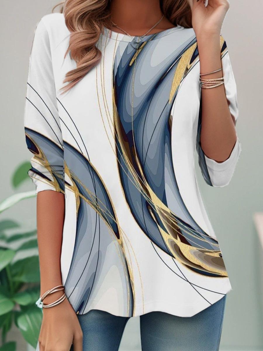 Stunning Geometric Print Round Neck Long Sleeve Top - WOOLX