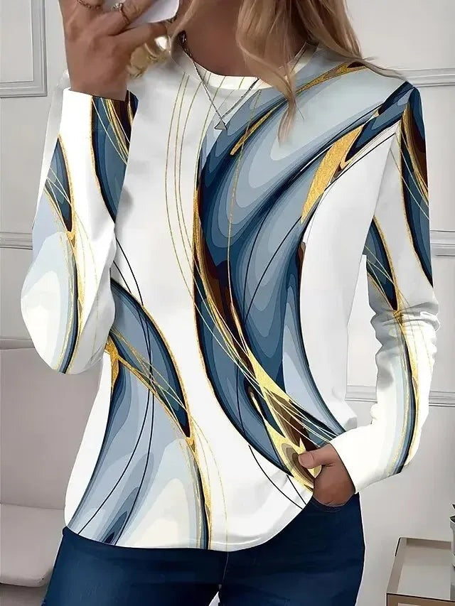 Stunning Geometric Print Round Neck Long Sleeve Top - WOOLX