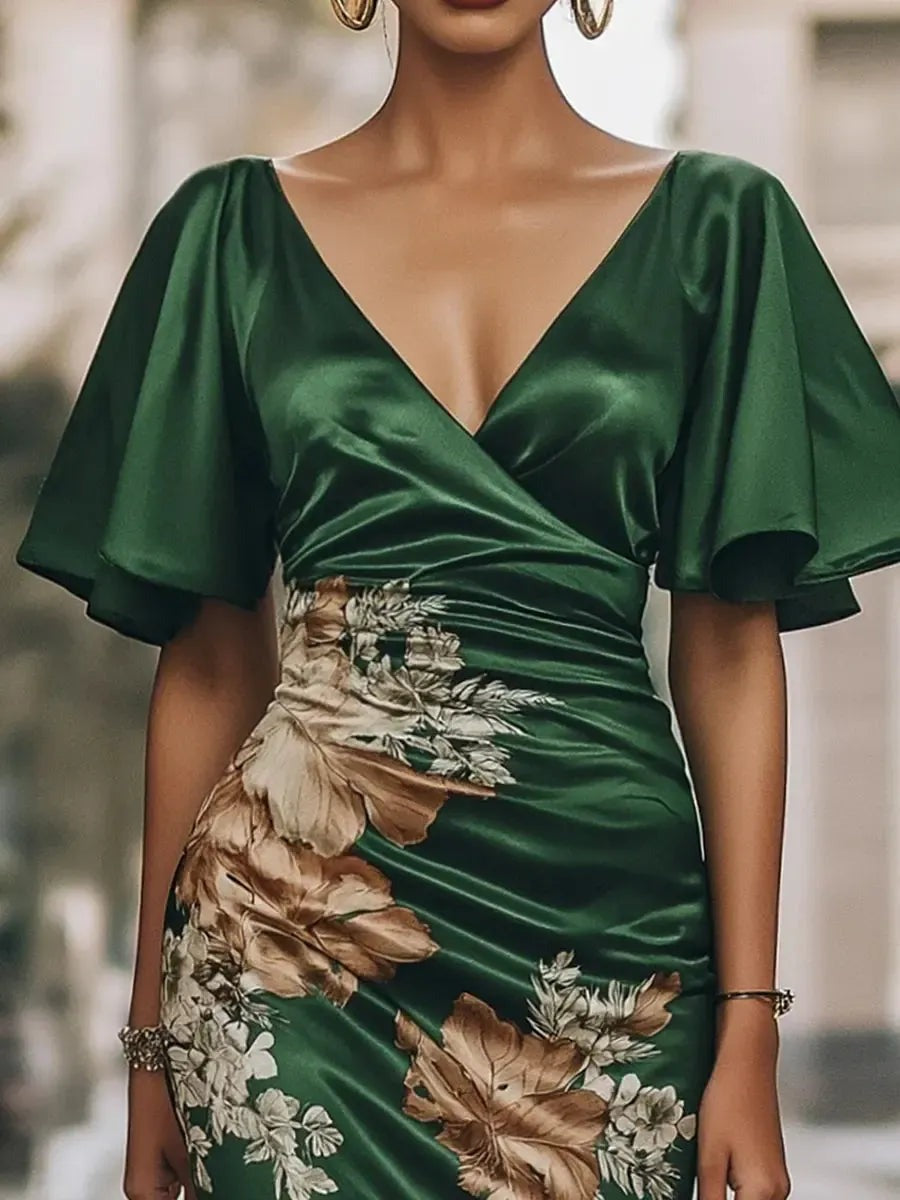 Gorgeous Short Sleeve V-Neck Midi Dress - WOOLX