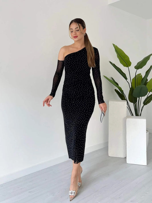 Black One Shoulder Mesh Long Sleeve Midi Dress With White Dots - WOOLX