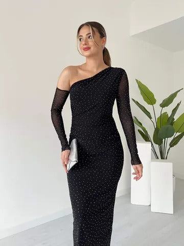 Black One Shoulder Mesh Long Sleeve Midi Dress With White Dots - WOOLX