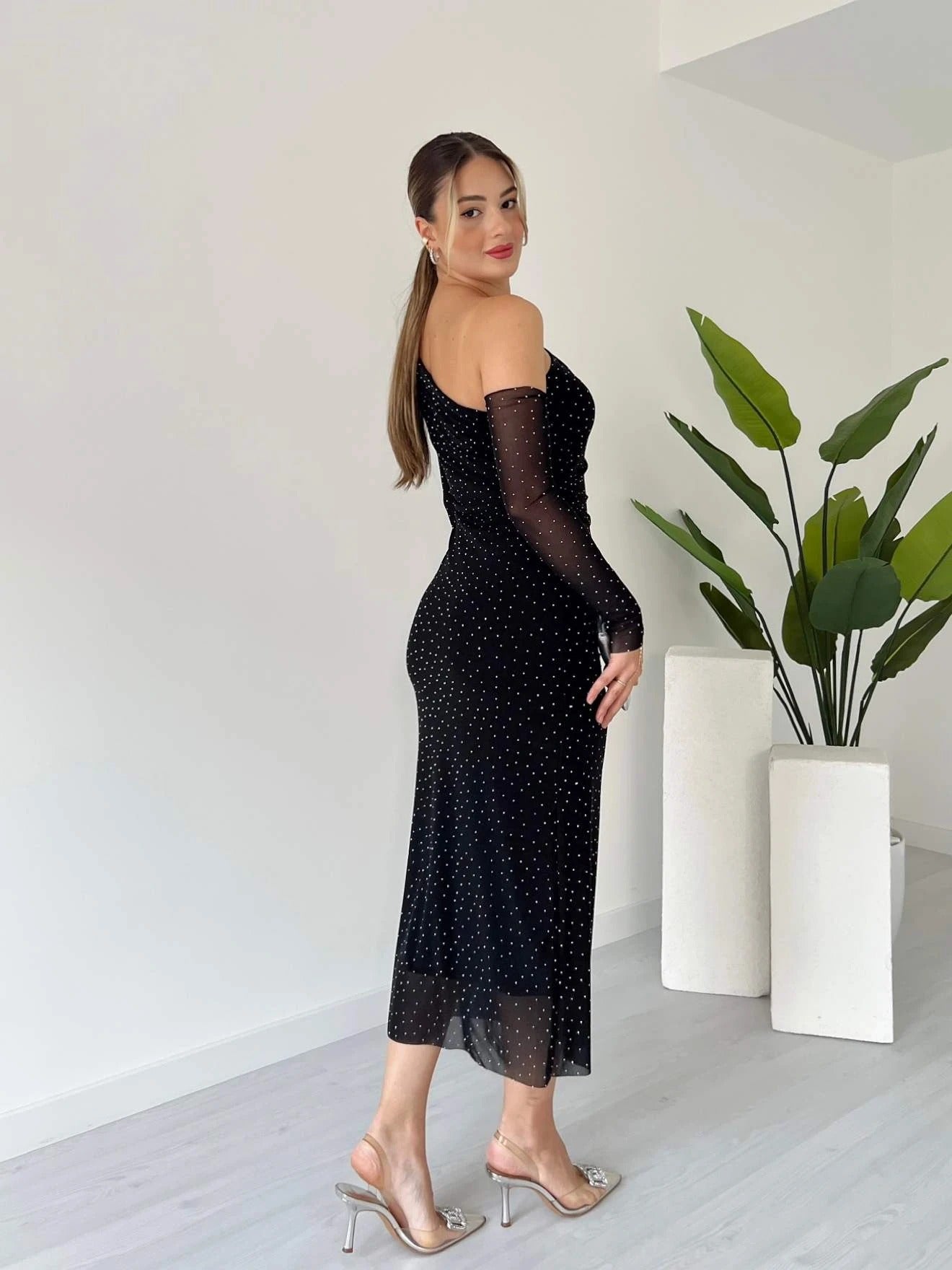 Black One Shoulder Mesh Long Sleeve Midi Dress With White Dots - WOOLX