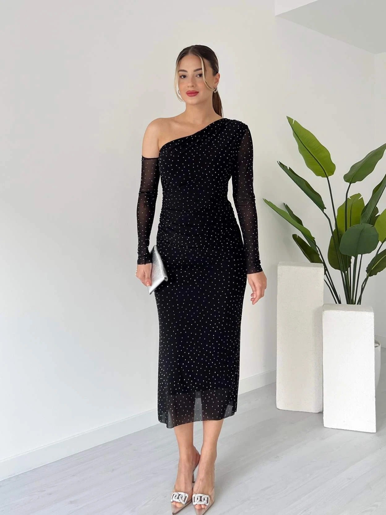 Black One Shoulder Mesh Long Sleeve Midi Dress With White Dots - WOOLX